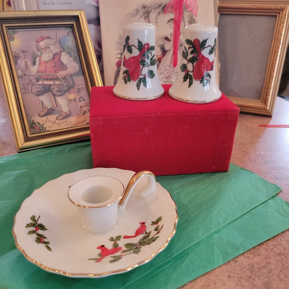 Vintage Lefton Salt & Pepper Shakers & Candle Holder ~ Christmas Cardinal Motif